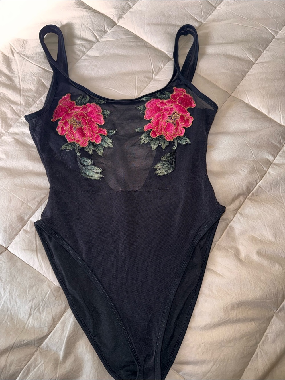 Black Mesh One-Piece with Pink Floral Appliqué
